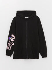 Hooded K-Pop Printed Long Sleeve Girls Zippered Sweatshirt