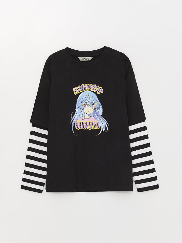 Crew Neck Printed Long Sleeve Girls T-Shirt