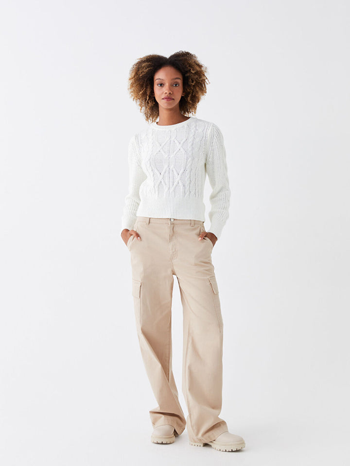 Crew Neck Self-Patterned Long Sleeve Women Knitwear Sweater