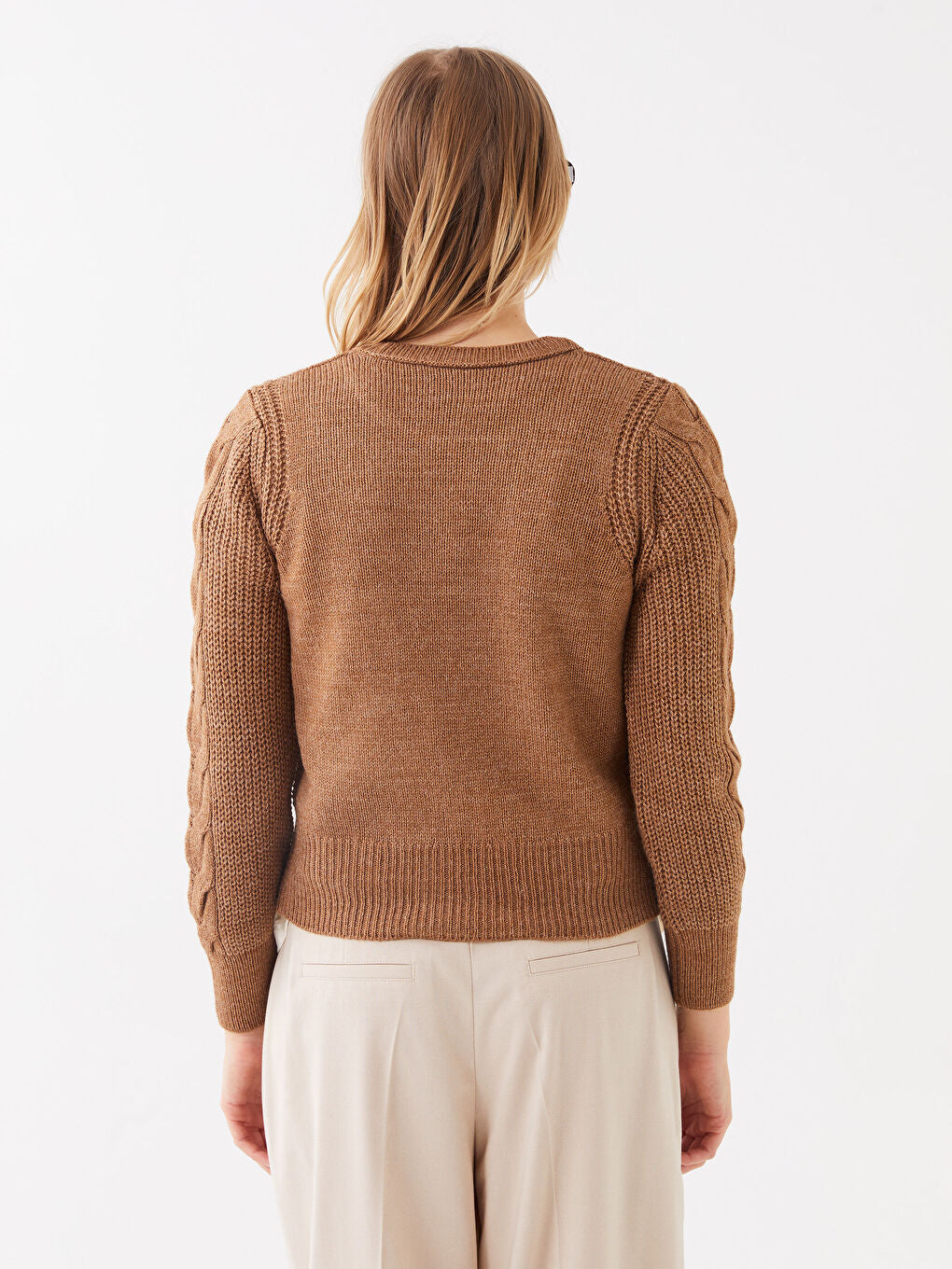 Crew Neck Self-Patterned Long Sleeve Women Knitwear Sweater