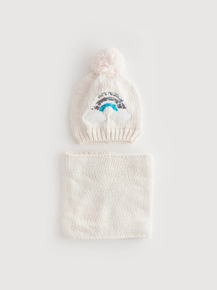 Pompom Embroidered Girls Knitwear Beret And Neck Collar