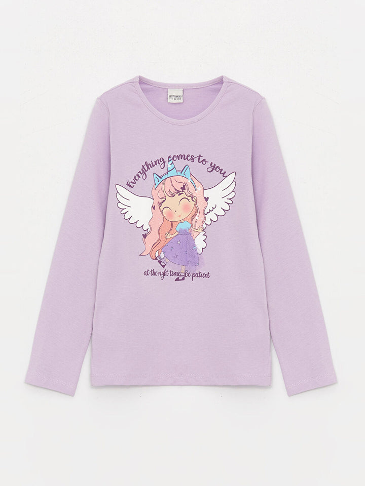 Crew Neck Printed Long Sleeve Cotton Girls T-Shirt