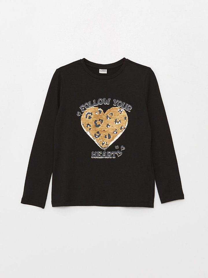 Crew Neck Printed Reversible Sequined Long Sleeve Girls T-Shirt