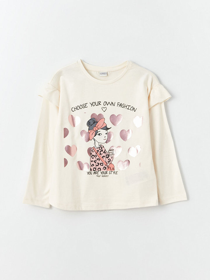 Crew Neck Printed Long Sleeve Girls T-Shirt