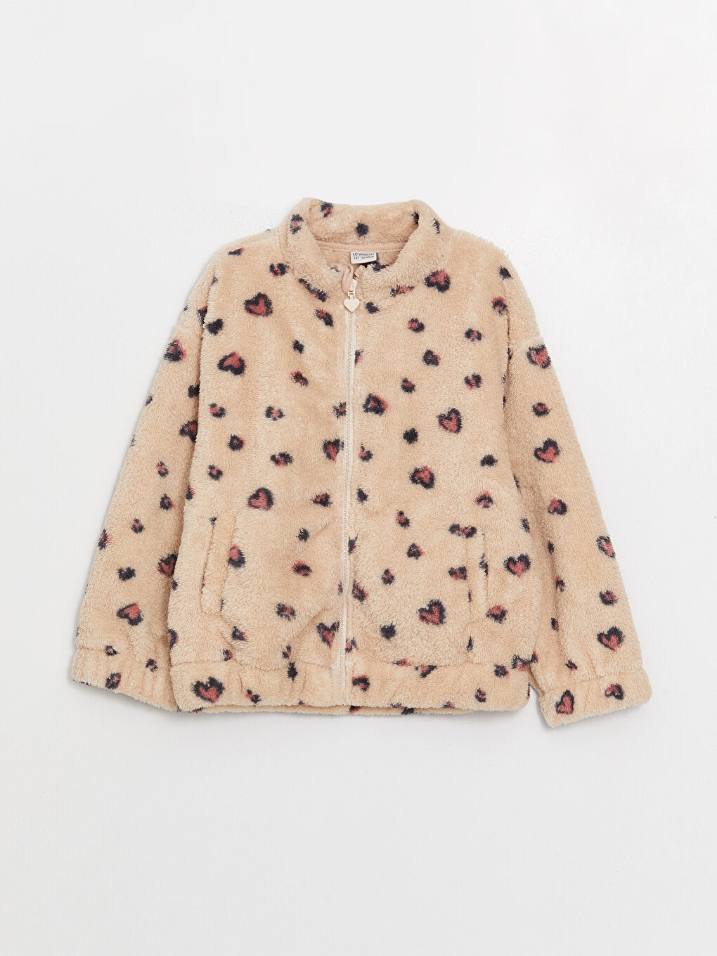 High Collar Patterned Long Sleeve Plush Girls Zippered Sweatshirt