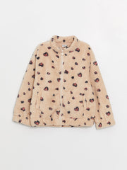 High Collar Patterned Long Sleeve Plush Girls Zippered Sweatshirt