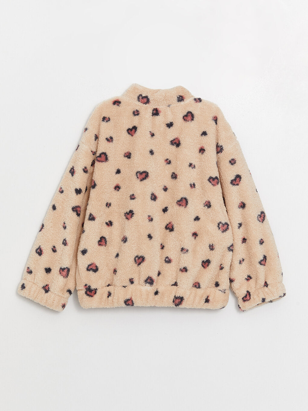 High Collar Patterned Long Sleeve Plush Girls Zippered Sweatshirt