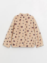High Collar Patterned Long Sleeve Plush Girls Zippered Sweatshirt