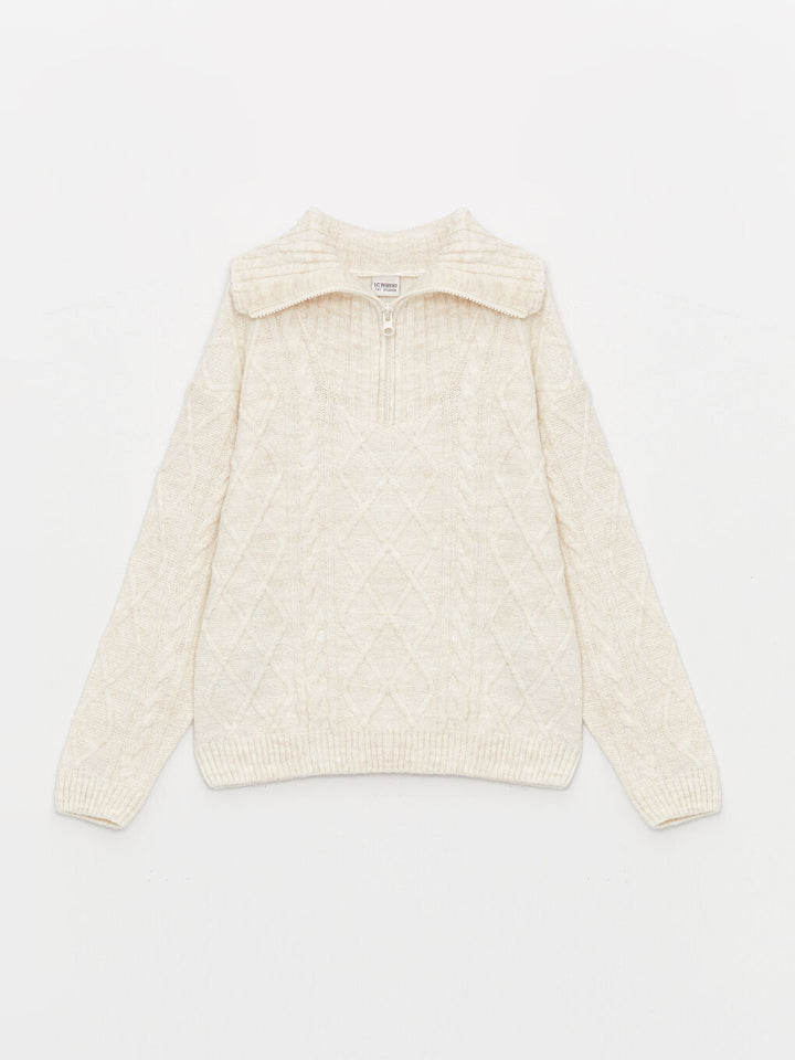 Polo Neck Self-Patterned Long Sleeve Girls Knitwear Sweater