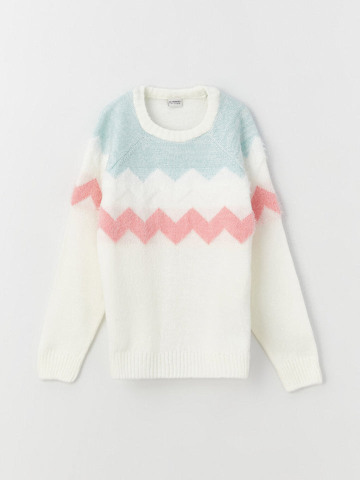 Crew Neck Color Blocked Long Sleeve Girls Knitwear Sweater
