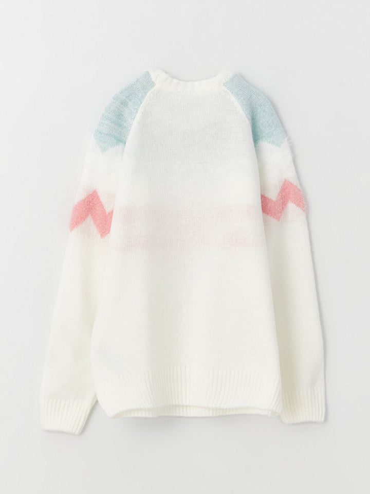 Crew Neck Color Blocked Long Sleeve Girls Knitwear Sweater