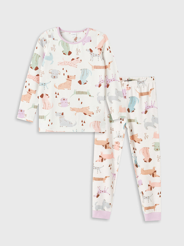 Crew Neck Patterned Long Sleeve Fleece Girls Pajama Set