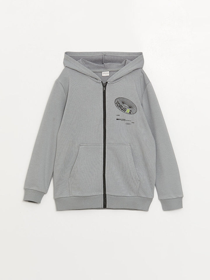 Hooded Printed Long Sleeve Boys' Zipper Sweatshirt