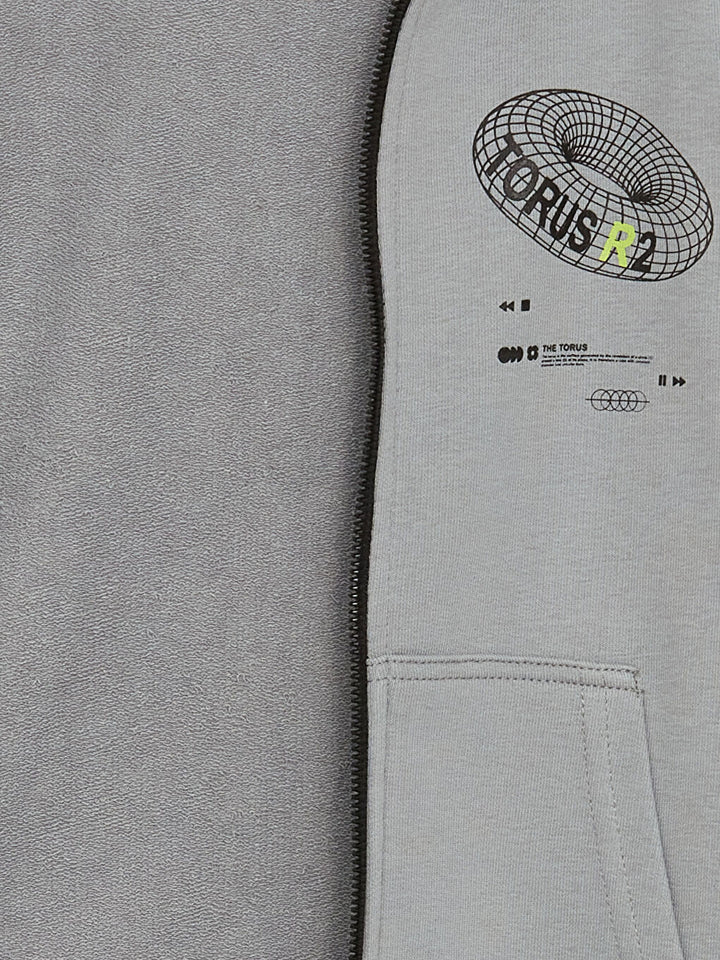 Hooded Printed Long Sleeve Boys' Zipper Sweatshirt