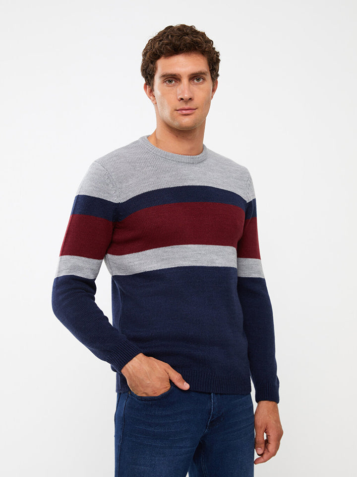 Crew Neck Long Sleeve Color Block Men Knitwear Sweater