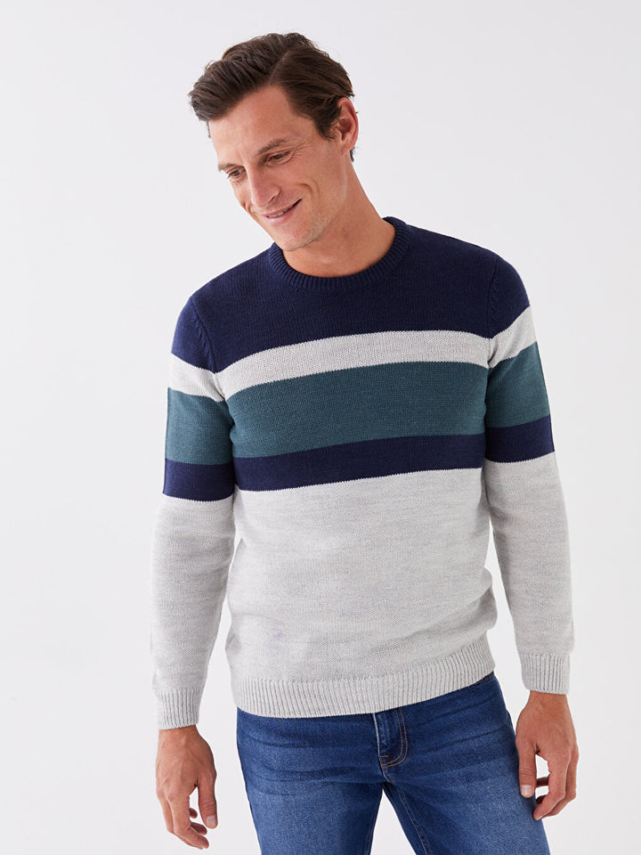 Crew Neck Long Sleeve Color Block Men Knitwear Sweater