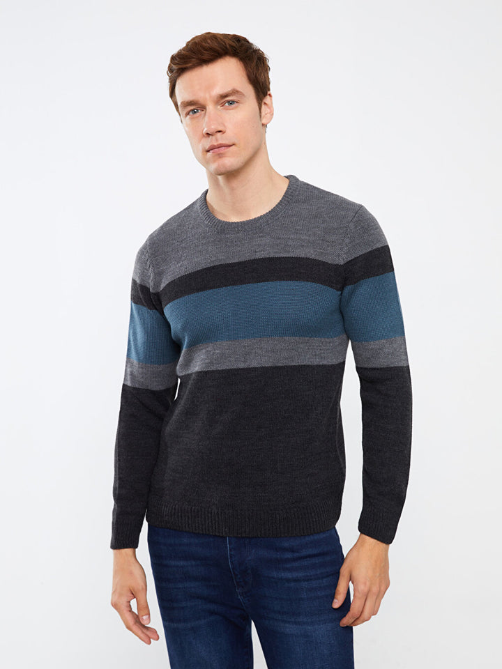 Crew Neck Long Sleeve Color Block Men Knitwear Sweater
