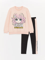 Crew Neck Long Sleeve Printed Girls Sweatshirt And Leggings Trousers