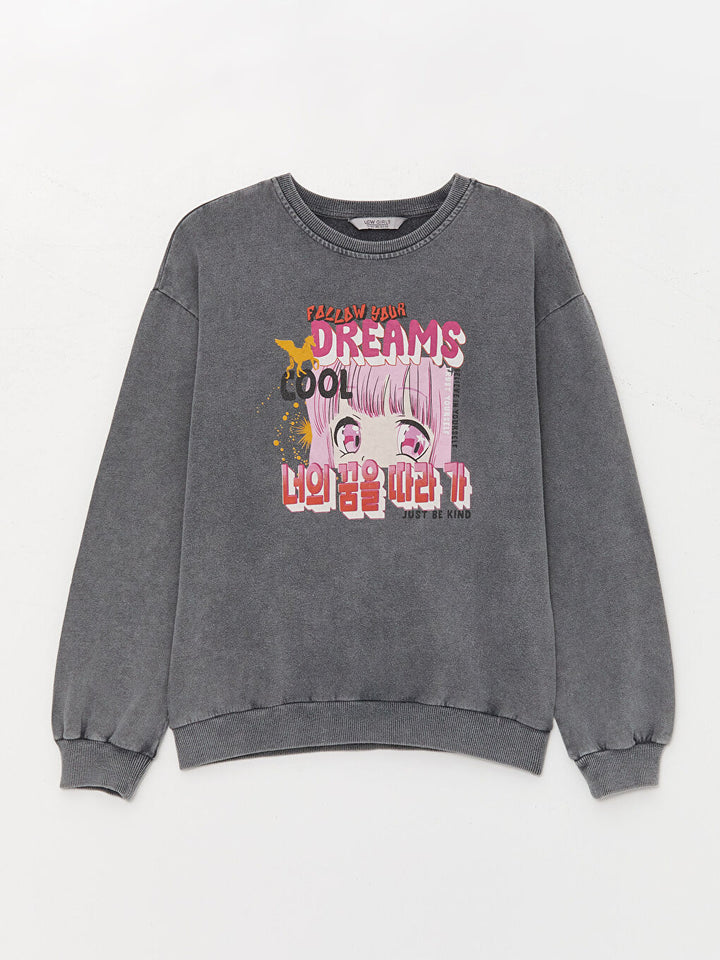 Crew Neck Printed Long Sleeve Girls Sweatshirt