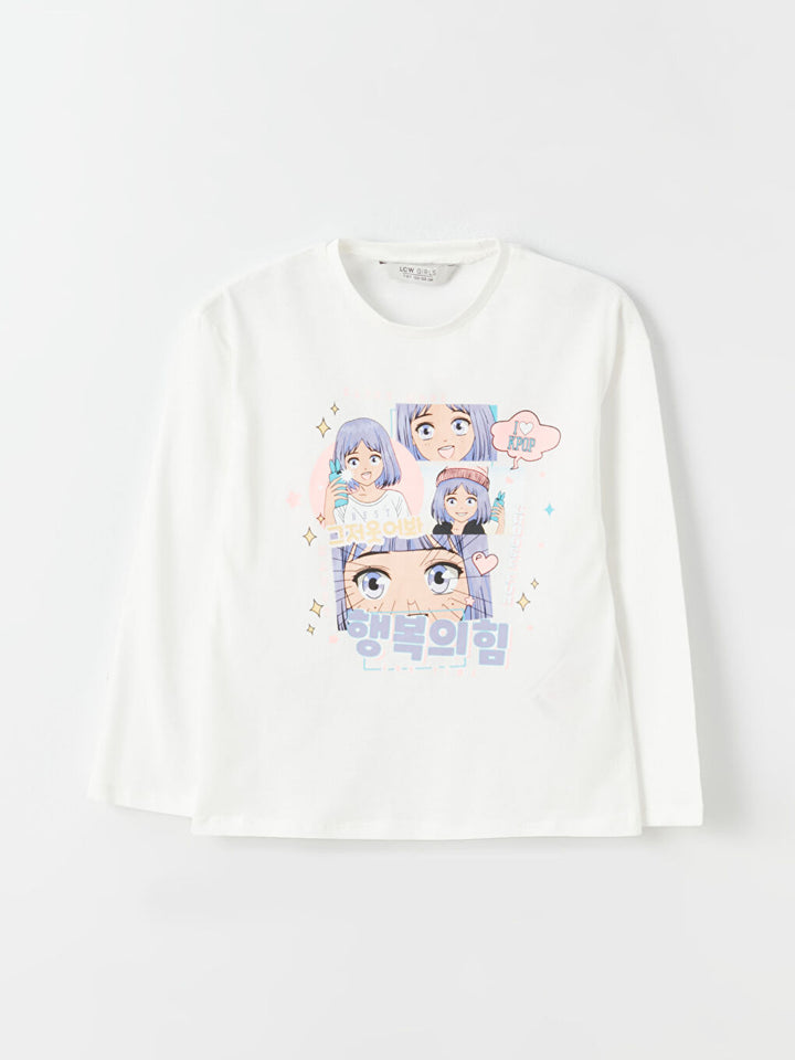 Crew Neck Printed Long Sleeve Girls T-Shirt