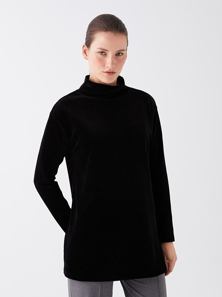 High Collar Plain Long Sleeve Velvet Women Tunic