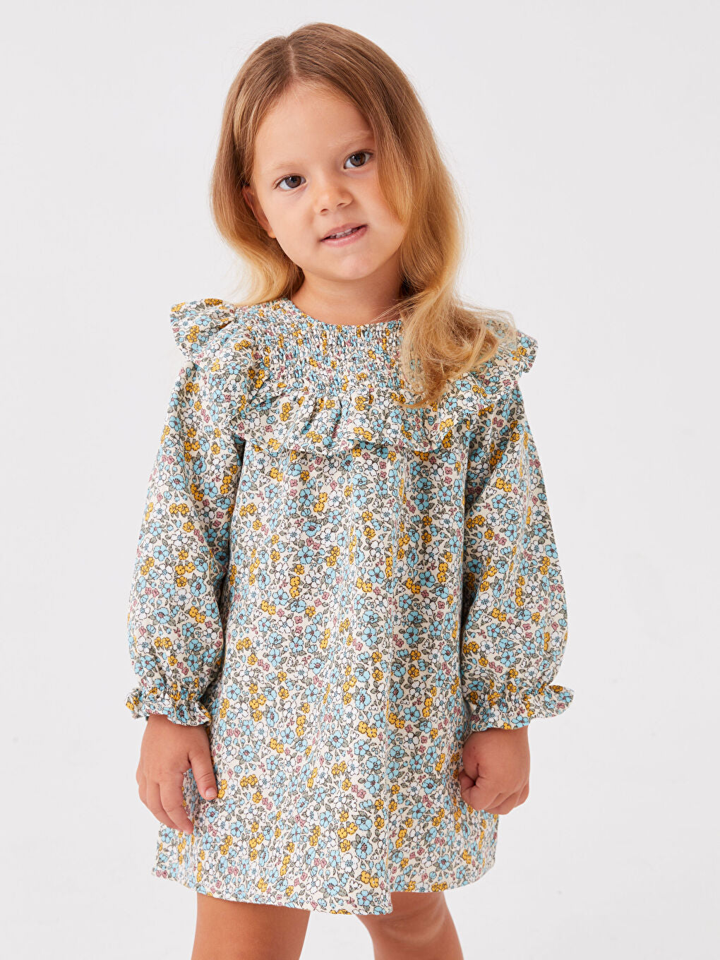 Crew Neck Long Sleeve Floral Patterned Baby Girl Dress