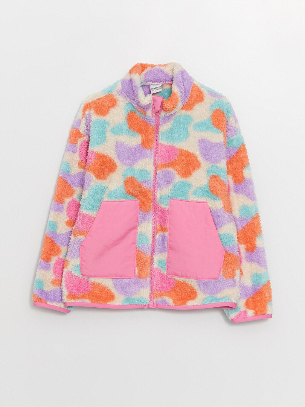 High Collar Patterned Long Sleeve Plush Girls Zippered Sweatshirt