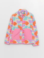 High Collar Patterned Long Sleeve Plush Girls Zippered Sweatshirt