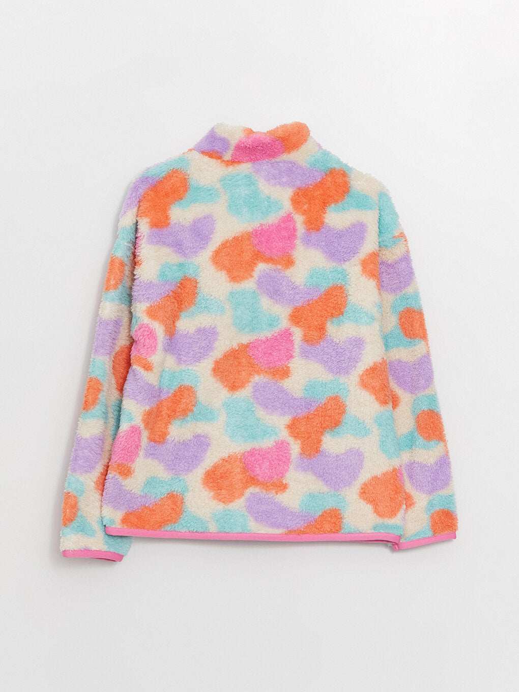 High Collar Patterned Long Sleeve Plush Girls Zippered Sweatshirt