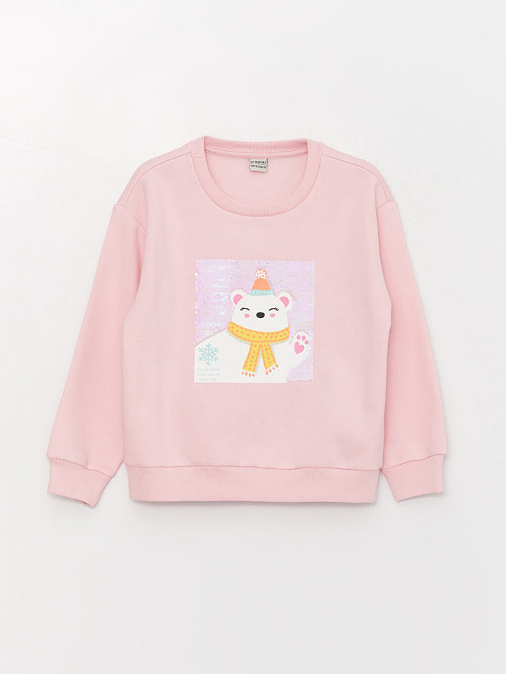 Crew Neck Printed Reversible Sequined Long Sleeve Girls Sweatshirt