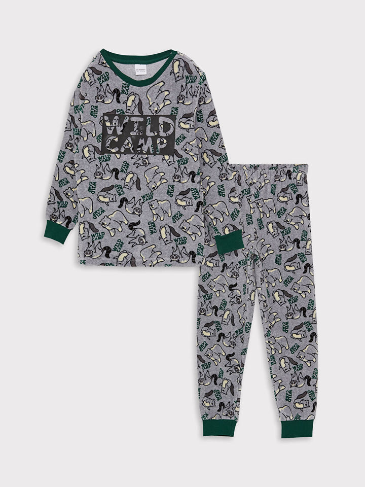 Crew Neck Printed Long Sleeve Velvet Boys Pajama Set