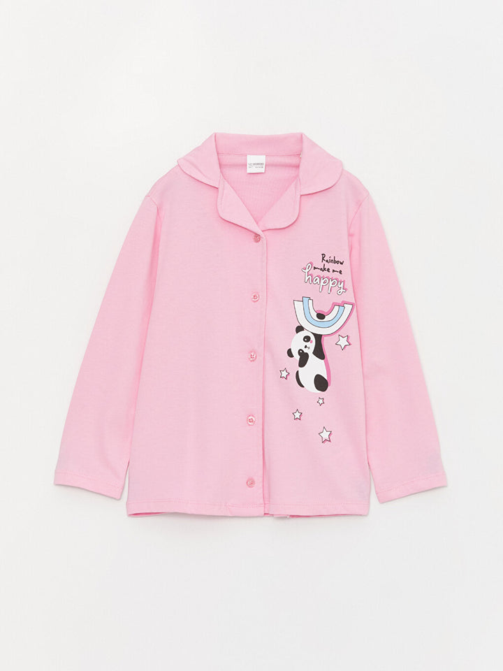 Shirt Collar Printed Long Sleeve Girls Pajama Set