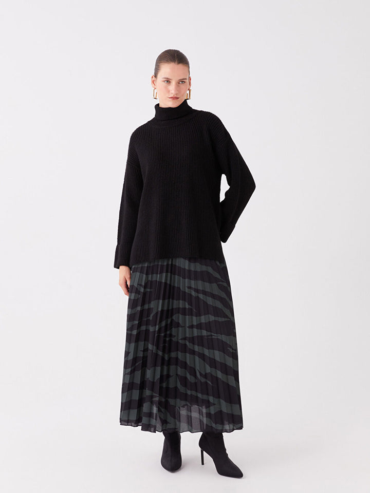 Patterned Pleated Women Skirt With Elastic Waist