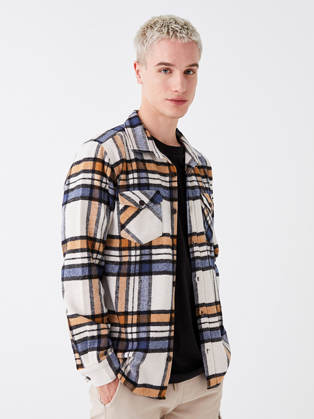 Regular Fit Long Sleeve Plaid Men Shirt Jacket
