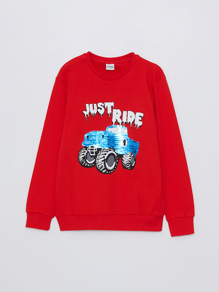 Crew Neck Printed Sequin Embroidered Long Sleeve Boys' T-Shirt