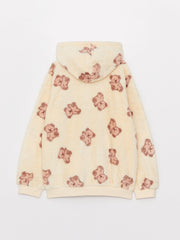 Hooded Patterned Long Sleeve Plush Girls Zippered Sweatshirt