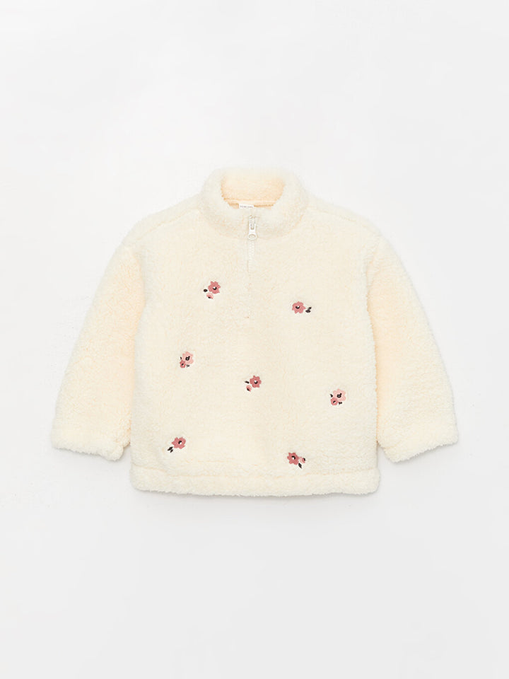 Stand-Up Collar Embroidered Plush Baby Girl Sweatshirt