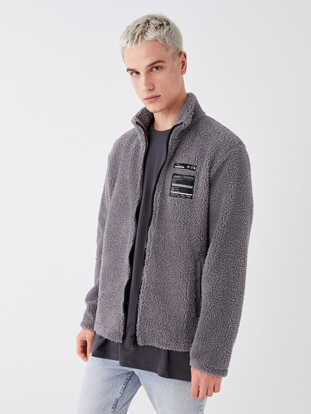 Stand Collar Long Sleeve Plush Men Zipper Sweatshirt