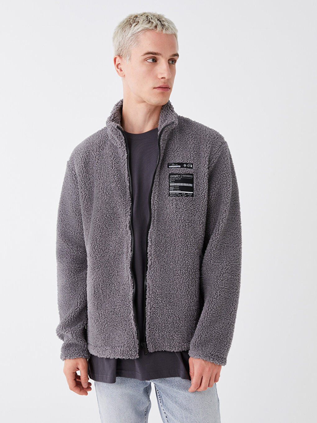 Stand Collar Long Sleeve Plush Men Zipper Sweatshirt