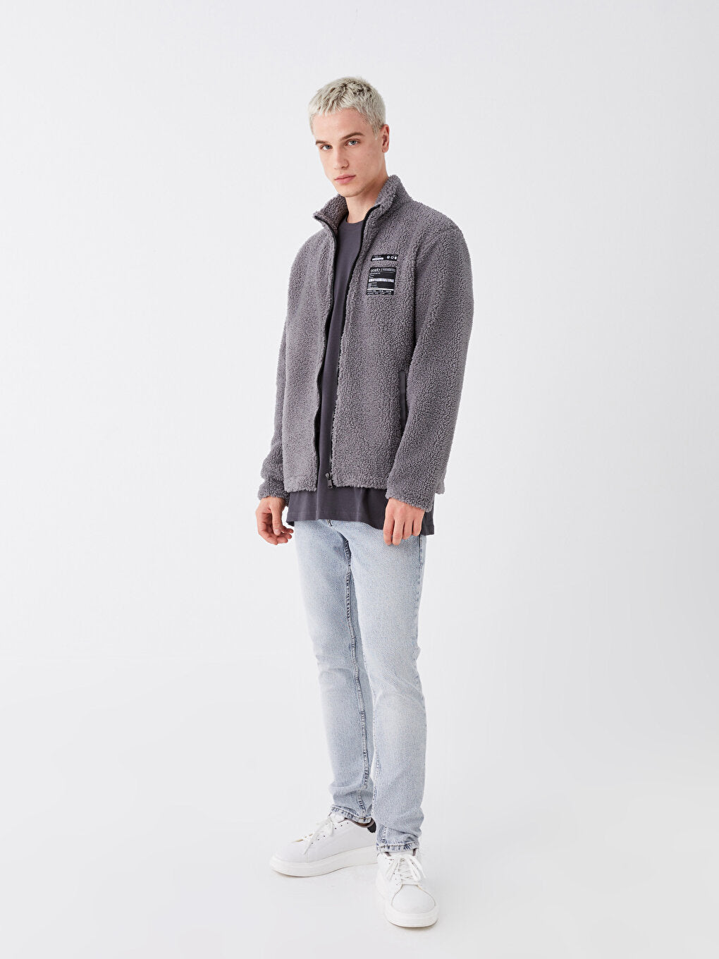 Stand Collar Long Sleeve Plush Men Zipper Sweatshirt