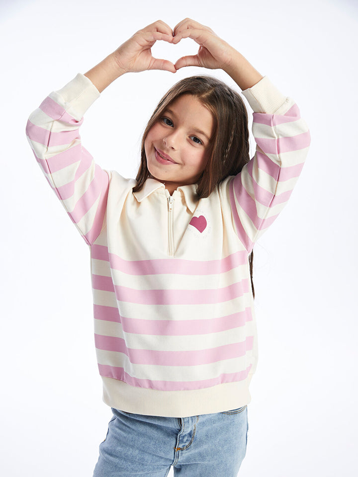 Polo Neck Striped Long Sleeve Girls Sweatshirt