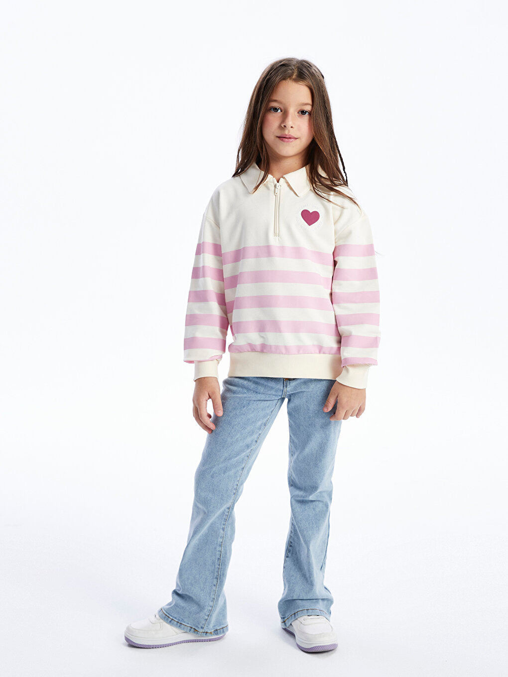 Polo Neck Striped Long Sleeve Girls Sweatshirt