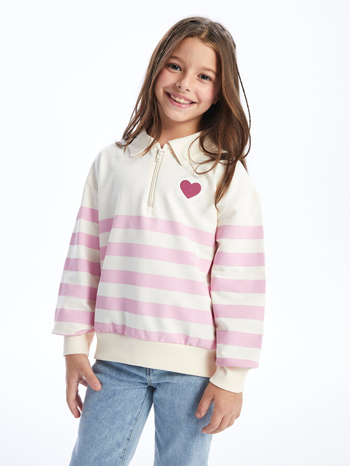 Polo Neck Striped Long Sleeve Girls Sweatshirt