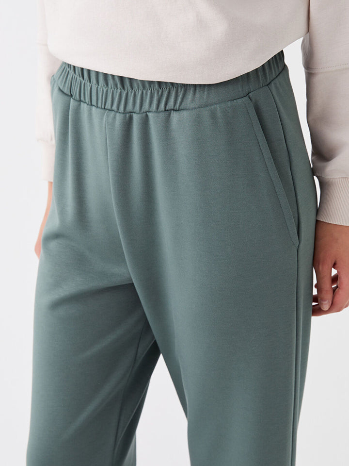 Women Elastic Waist Plain Jogger Sweatpants