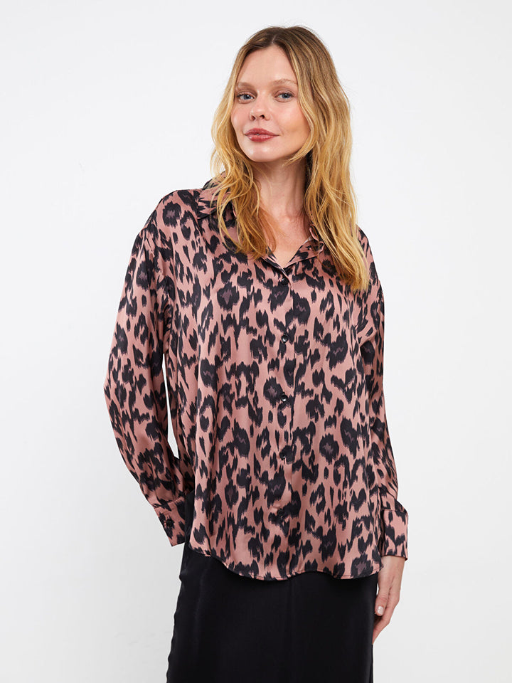 LCW Vision Patterned Long Sleeve Oversize Women's Satin Shirt