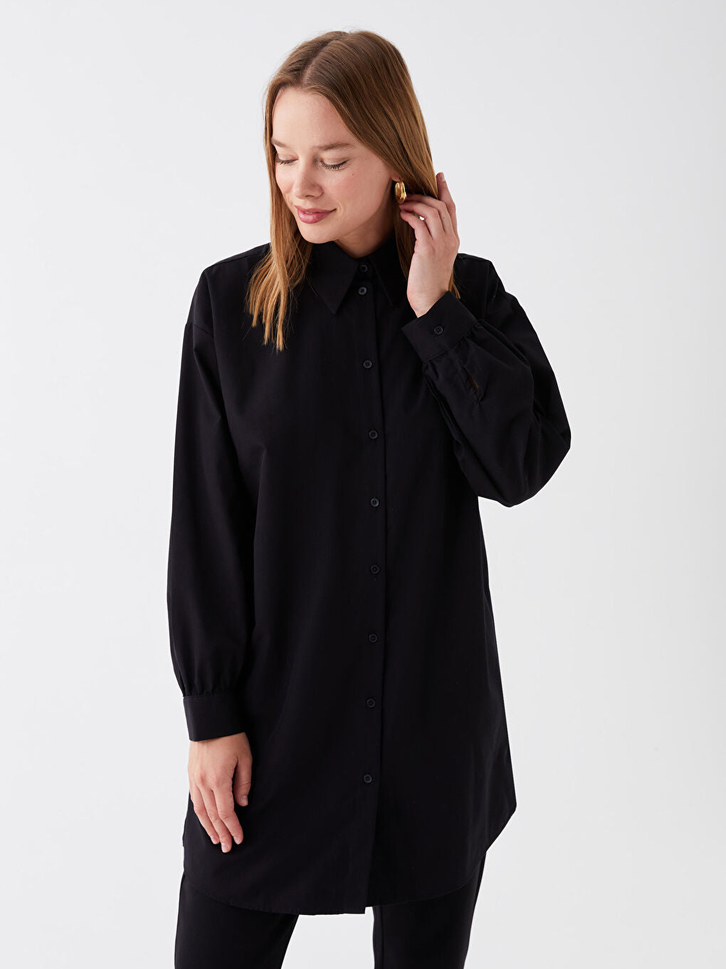 Shirt Collar Plain Long Sleeve Oversize Women Tunic