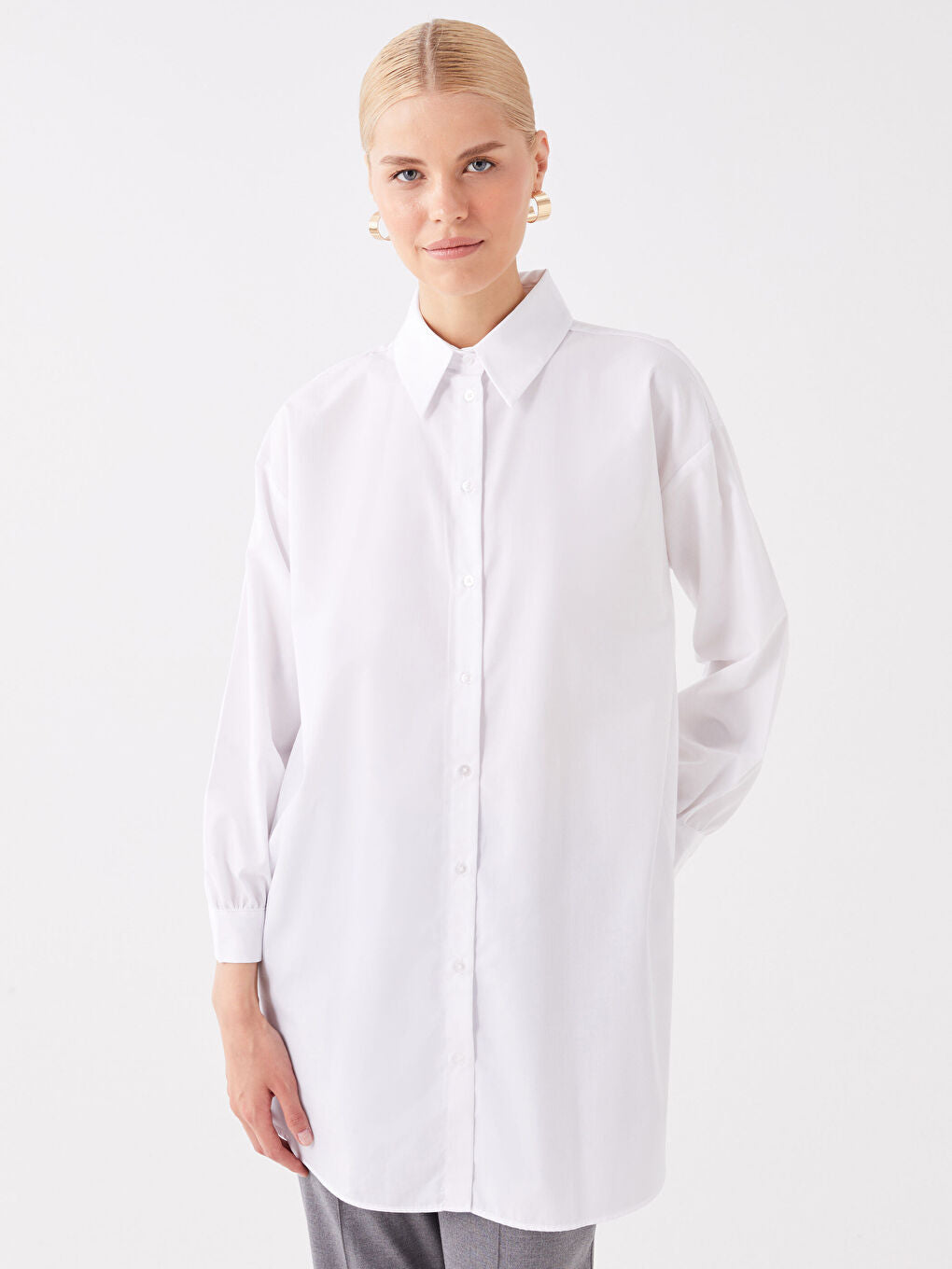 Shirt Collar Plain Long Sleeve Oversize Women Tunic