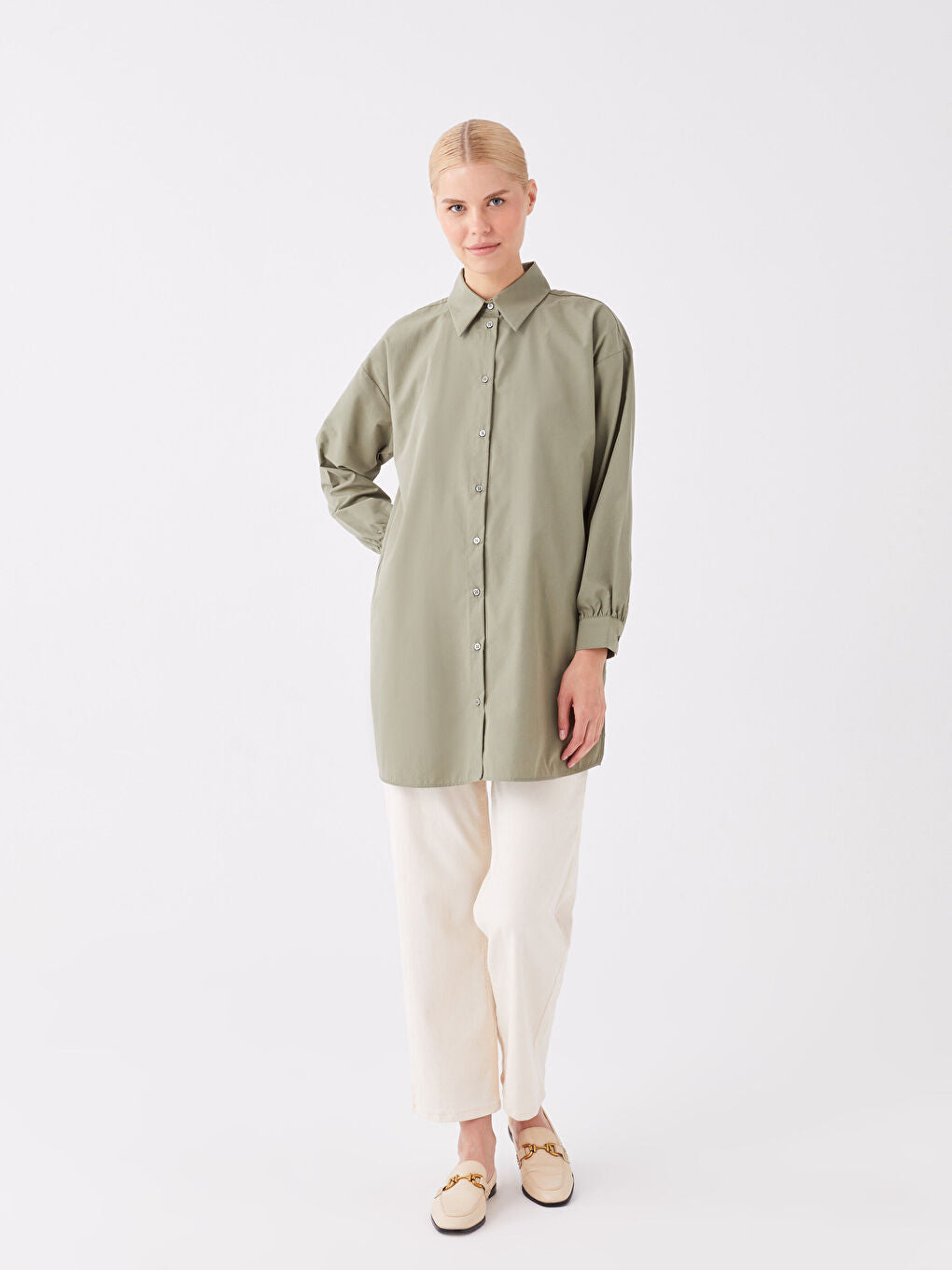 Shirt Collar Plain Long Sleeve Oversize Women Tunic