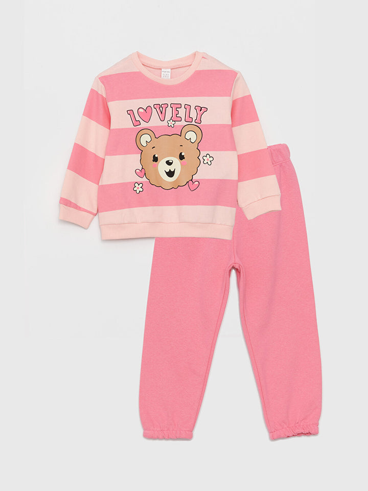 Crew Neck Printed Baby Girl Sweatshirt And Trousers 2-Piece Set