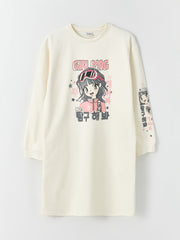 Crew Neck Printed Long Sleeve Girls Dress